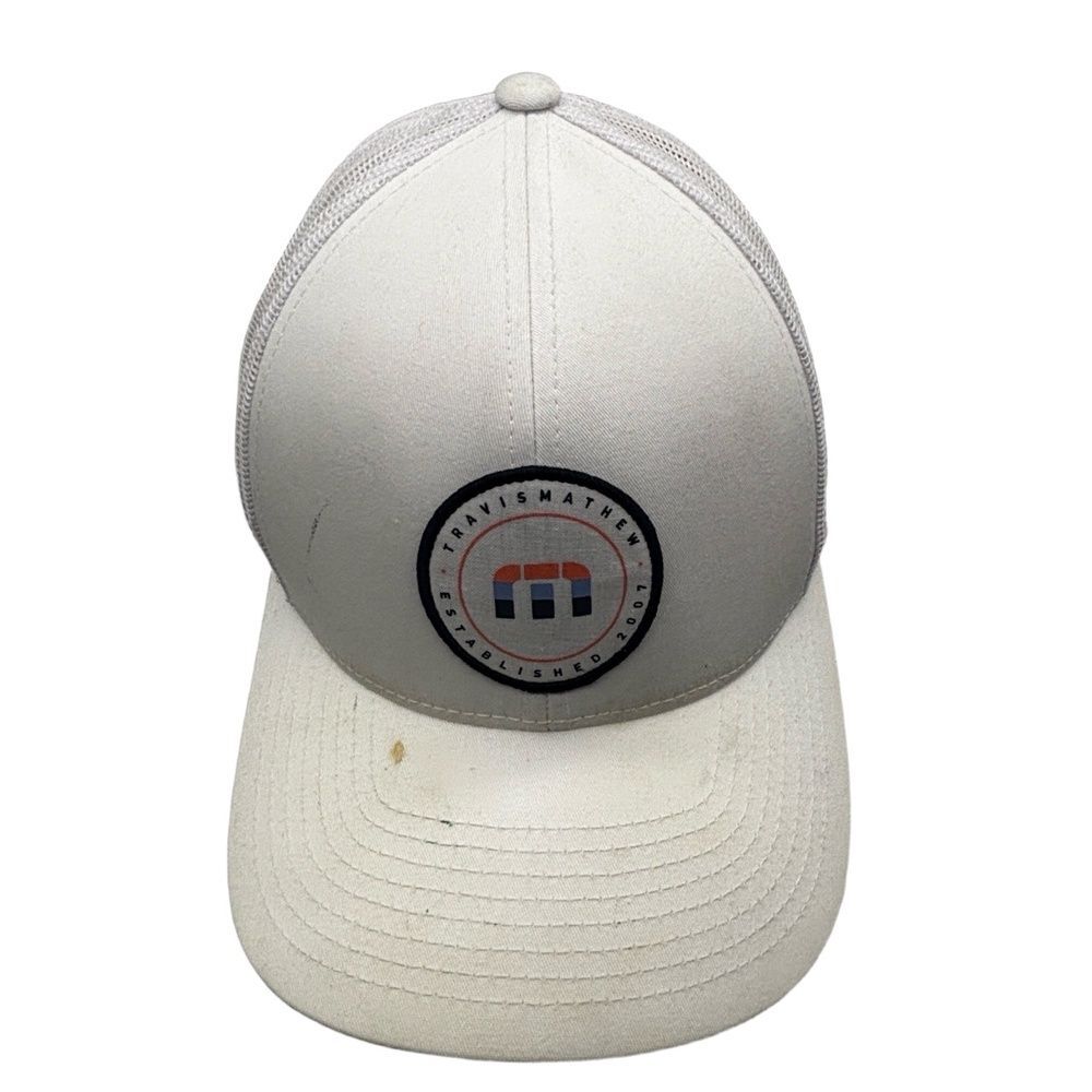 TravisMathew Trucker Hat White Mesh Snapback Golf Cap Established 2007 Logo - Picture 2 of 8